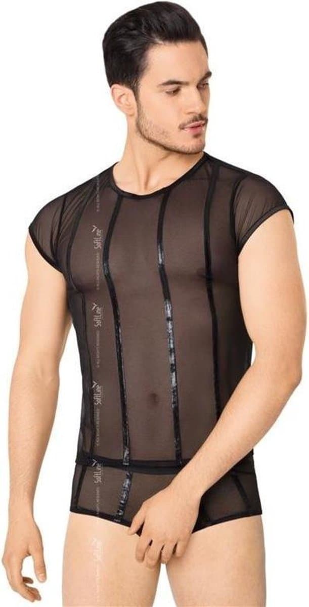 Wetlook heren -shirt en slip met netstof details- zwart M/L — afbeelding 1