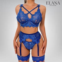 Elana Sorina – Luxe Kant Lingerie Set met Bh, String & Jarretels – Verleidelijke Dames Lingerie – XL – Blauw — thumbnail 1