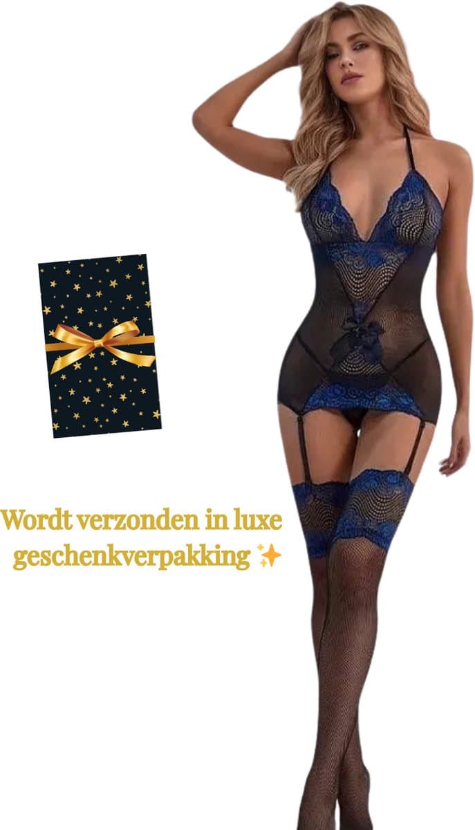 Sexy Lingerieset Dames – Erotische Lingerie – Jarretel Jurkje met Kousen – Zwart & Blauw Kant – Catsuit Erotisch – Lingerie Setje met Jarretels – Verleidelijke Lingerie – Sexy Boudoir Look – Kinky en Luxe – Dare to Undress – One Size — afbeelding 1