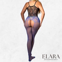 Elara - Aveline - Bodystocking Erotische Lingerie met Open Kruis - Catsuit - S t/m XL - Sexy Dames Lingerie - Zwart/Blauw — thumbnail 3