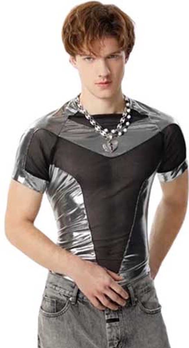 Heren Mesh Top – Zilver & Zwart – Sexy Transparant Shirt – Festival Outfit — afbeelding 1