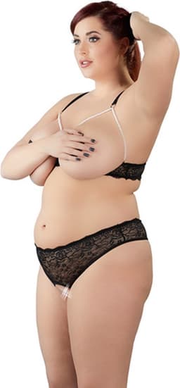 Cottelli Plus Size –  Lingerie Set van Kant Open Kruis en Borsten met Parelbanden – Maat XL – Zwart — thumbnail 3