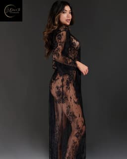 Luxe Erotische Kimono Dames – Sexy Lingerie – Lingerie Erotisch – Zwart – Transparante Kant Kimono – Verleidelijke lingerie & ochtendjas – High End – Chique – Clubwear – Satijnen Strikceintuur– Elegante Nachtkleding – Dare to Undress – S, M, L, XL — thumbnail 2