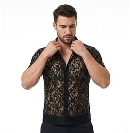 Erotische Herenblouse Zwart - Transparant Kanten Overhemd voor Heren - Sexy Clubwear voor Mannen - Maat L — thumbnail 5