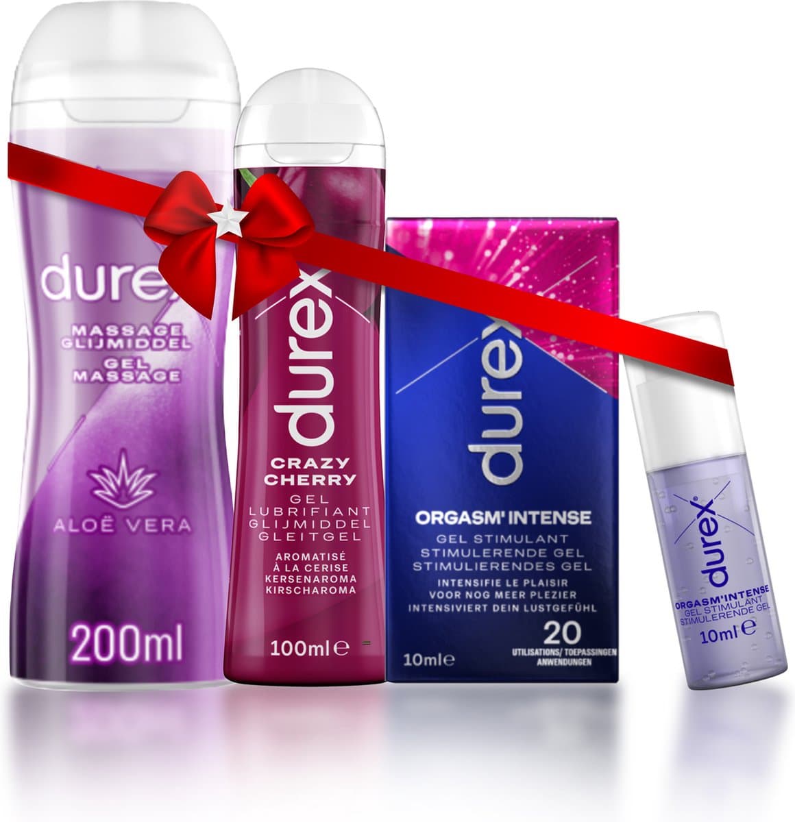 Durex - 2 Glijmiddelen en 1 Stimulerende gel - Voor Een Sensuele Aanraking - Waterbasis - Crazy Cherry met Smaak 100ml - Massage Aloe Vera 2 in 1 200ml - Orgasm Intense Stimulerende Glijmiddel 10ml - Cadeau voor man en vrouw — afbeelding 1
