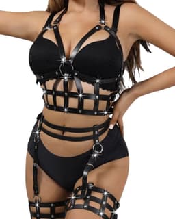 Sexy Lingerieset – Complete Bondageset – Inclusief Masker, Body, Jarretelgordel met Been Straps – Zwart – BDSM – Fetish Lingerie – PU Leer – B.I.T.C.H. – Wasteland – Sexy Lingerie – Kinky Lingerie – Erotische Lingerie – Dare to Undress – One Size — thumbnail 4