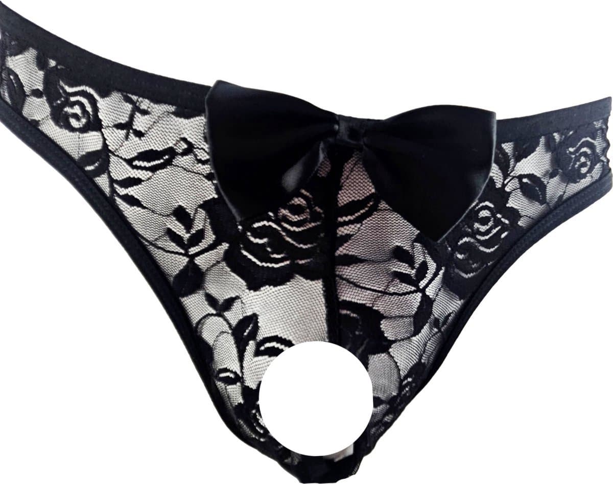 BamBella ® - Slip - maat Onesize L/XL - zwart Sexy erotische heren onderbroek mannen kant stof strik — afbeelding 1