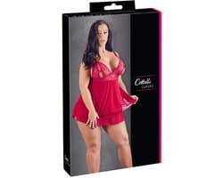 Cottelli Plus Size – Erotische Babydoll met Kanten Buste Motieven en Open Cups – Maat L – Rood
