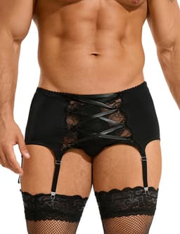 Zeloria Heren Jarretel Boxer Kant – Erotische Lingerie met Bandjes – Zwart – L – Exclusief Kousen — thumbnail 1