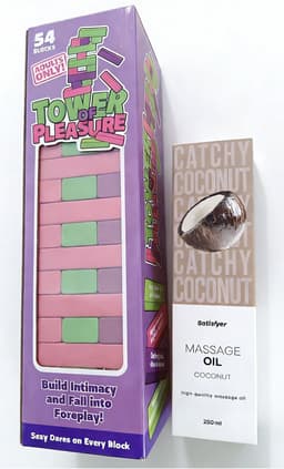 sexspelletjes voor koppels–erotische bordspelen voor koppels – tower of pleasure + satisfyer massage olie kokosgeur 250 ml – erotische gift set – party games volwassenen — thumbnail 4