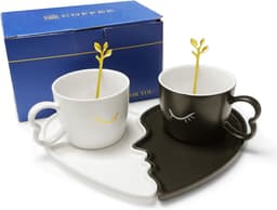 Koffiekopjes set - Partner mokken - Cadeau bruiloft - Kussend motief - 200 ml capaciteit - Zwart — thumbnail 1