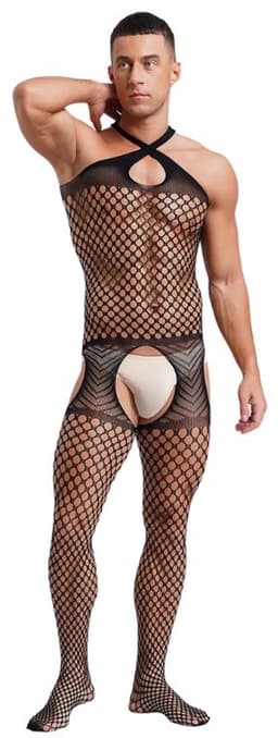 LekkerStout Heren Visnet Bodystocking - Zwart - Open Kruis - One Size M-XL | LS083 — thumbnail 2