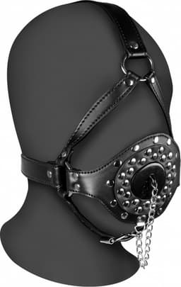 Open Mouth Gag Head Harness with Plug Stopper - Black — thumbnail 1