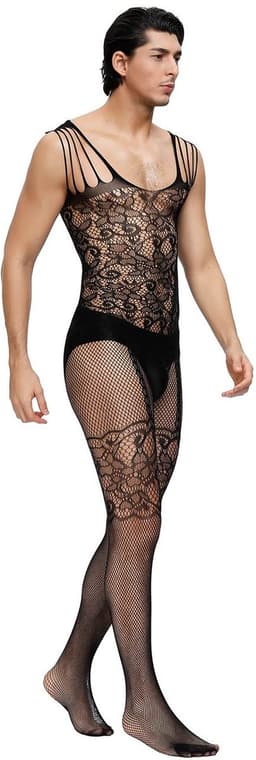 Zeloria Heren Bodystocking Visnet Catsuit – Transparante Heren Lingerie met Kant – Bodystocking voor Mannen – Mesh Stretch Bodysuit – Zwart – L/XXL — thumbnail 2