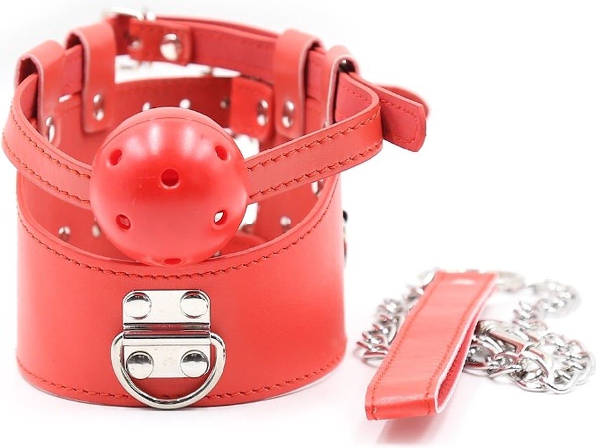 Nooitmeersaai - Rode halsband met ball gag en riem — afbeelding 1