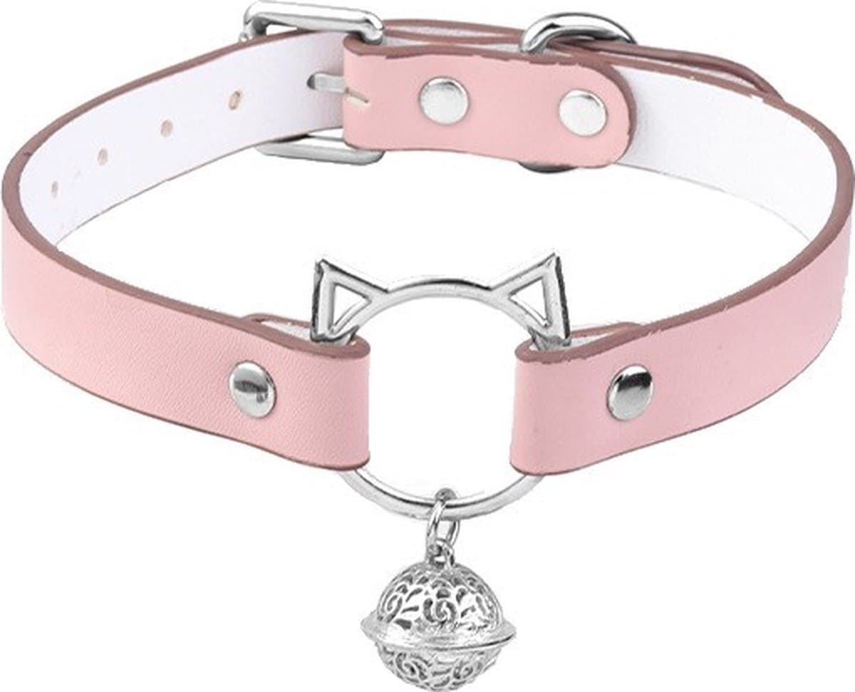 Nooitmeersaai - Halsband met katten gesp en bel - PU leer - Roze - incl. aanlijnketting — afbeelding 1
