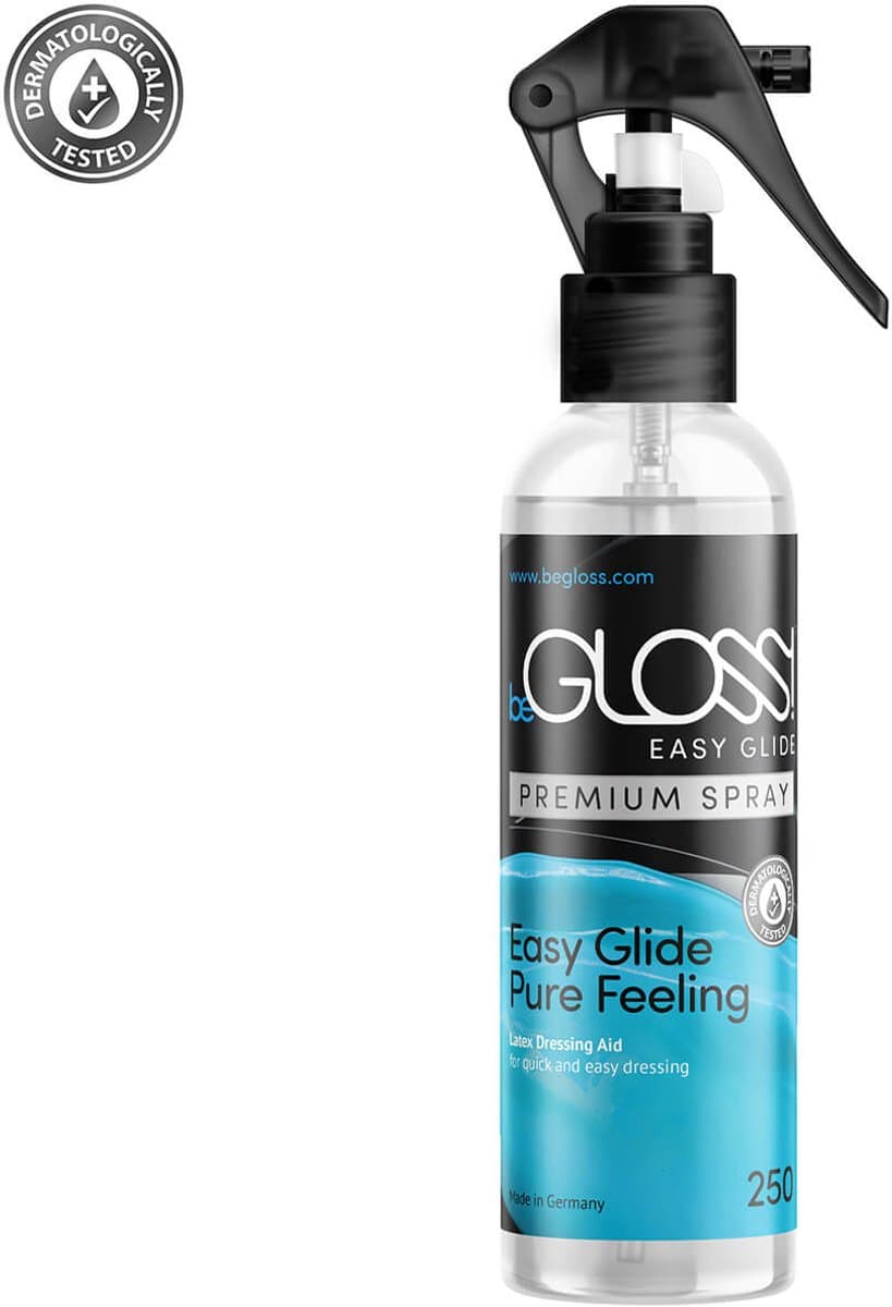 BeGloss - Easy Glide voor LATEX - Premium Spray - Pure Feeling - 250 ml - Fles met spraykop met knijphandvat - Dressing Aid - om super makkelijk latex en rubber kleding aan te trekken, je glijdt er makkelijk in. — afbeelding 1