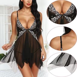 Dames Nachtkleding - Sexy Kant Chemise - V-Hals Babydoll met Sluiting Voor - Voor Valentijnsdag & Verleiding - Lingerie - Zwart - L - 1 stuk — thumbnail 2