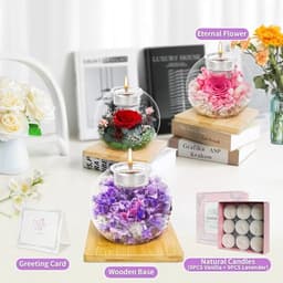 Queltrix Eeuwige bloem in glas & geurkaarsenset, geconserveerde bloemen, romantisch cadeau, geschenkdoos met 18 kaarsen, cadeauset voor Moederdag, verjaardag, jubileum, Kerstmis (paars) — thumbnail 4