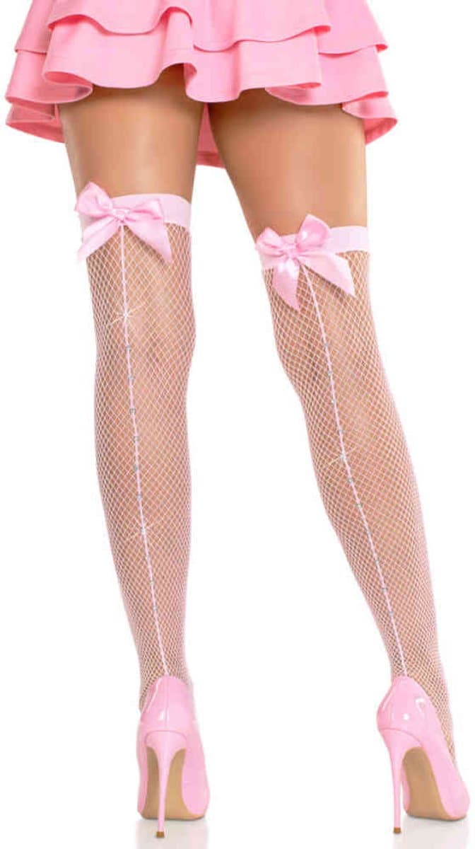 Leg Avenue - Fishnet with Satin Bow Backseam Thigh high kousen - Roze — afbeelding 1