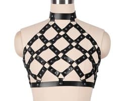 BDSM Body Harnas voor Vrouwen – Zwart Bondage Harnas met verstelbare Halsband en Rugriemen – Erotische Leren Lingerie