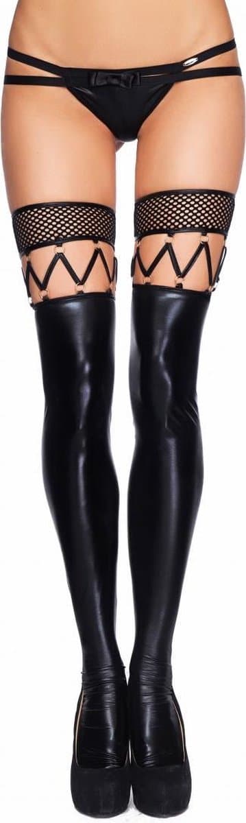 Sexy Wetlook netkousen en kousen met bandjes – Zwart — afbeelding 1