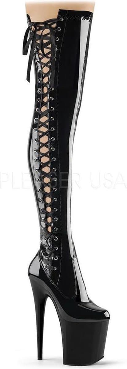 Flamingo-3050 hoge overknee laars met stiletto hak, extreem hoog plateau en lint glanzend zwart - Fetish Exotic Dancing - (EU 39 = US 9) - Pleaser — afbeelding 1