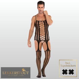 LekkerStout Heren Jarretel Bodystocking - Zwart - Visnet Herenlingerie - One Size S-XL | LS143 — thumbnail 2