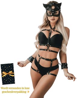 Sexy Lingerieset – Complete Bondageset – Inclusief Masker, Handboeien & Harnas Body – Zwart – Verstelbaar – BDSM – Fetish Lingerie – PU Leer – B.I.T.C.H. – Wasteland – Sexy Lingerie – Kinky Lingerie – Erotische Lingerie – Dare to Undress – One Size — thumbnail 1