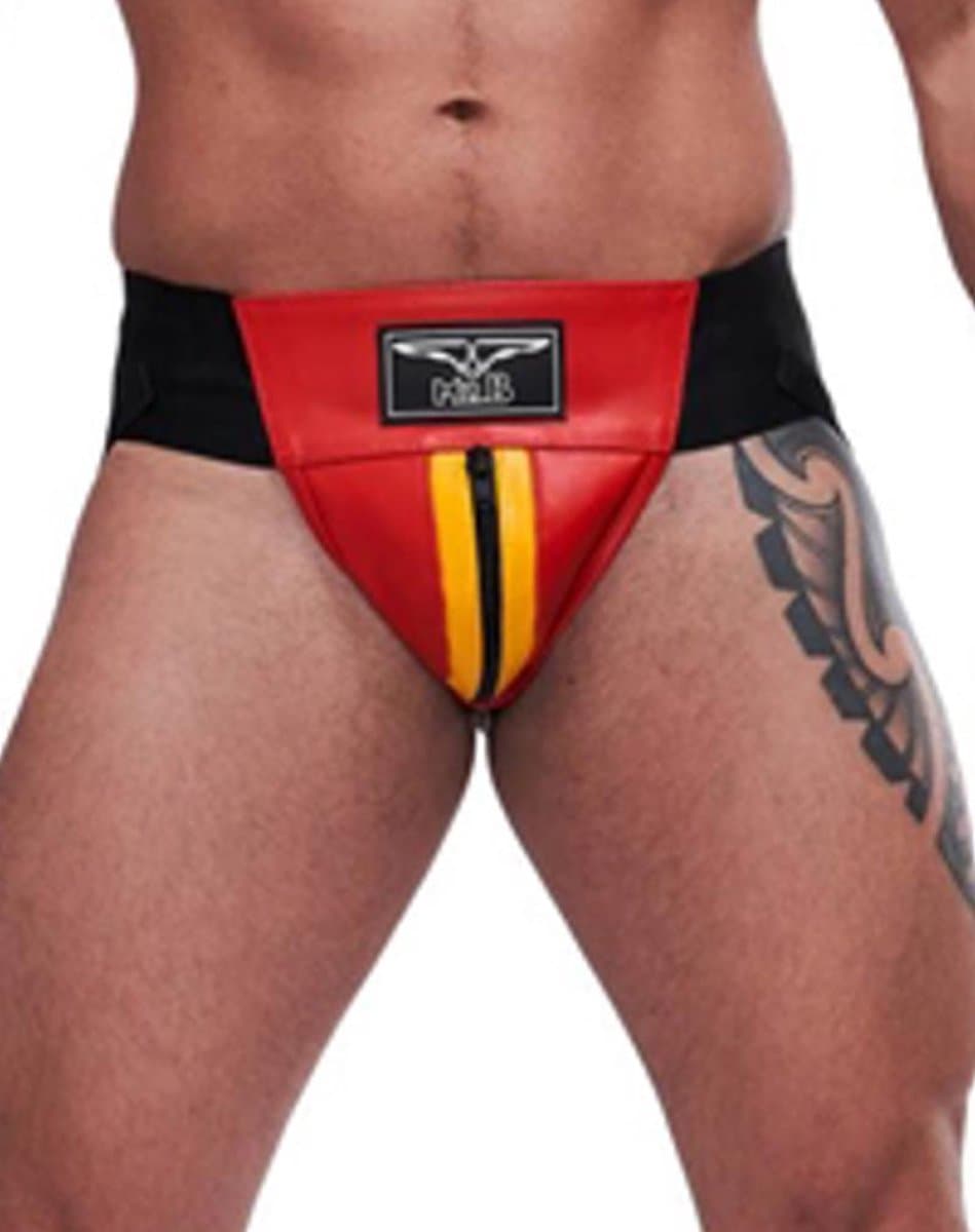 Mister B leren circuit jockstrap rood met gele bies - xl — afbeelding 1