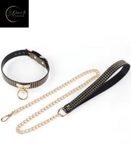 Kinky Gouden Bondage Halsband met Ketting – Fetish choker voor rollenspel & dominatrix – O-Ringchoker, Zwarte PU-leren Ketting, Gotisch Accessoire – Perfect voor Wasteland – Erotische Lingerie – B.I.T.C.H. & kinky events | Dare to Undress — thumbnail 1