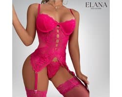 Elana – Amara – Verleidelijke Kanten Bustier Set met Kousen en Slip – Sexy Dames Lingerie – Roze - M