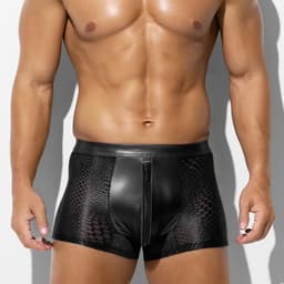 Zwarte Low Rise Heren Boxer met Rits – Ademend Mesh & PU-Leren Front – Sexy Stretch Ondergoed voor Mannen- Maat XL — thumbnail 1