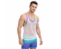 Heren tanktop visnet - Regenboog - Sexy - Transparant - Hemd - Shirt - Feest
