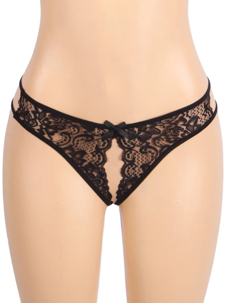 Zwarte Kanten String met Open Kruis – Black Lace Thong with Open Crotch - Sexy Erotische Dames Lingerie – Maat XL — afbeelding 1