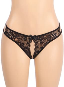Zwarte Kanten String met Open Kruis – Black Lace Thong with Open Crotch - Sexy Erotische Dames Lingerie – Maat XL — thumbnail 1