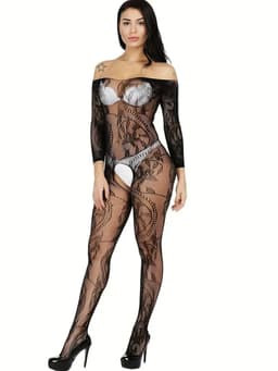 LekkerStout Transparante Catsuit - Open Kruis - Zwart - Sexy Lingerie | S-L | ( LS199 ) — thumbnail 5