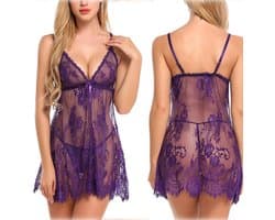 Prachtige complete Sexy NachtJurk met String, Nachtmode, sexy Lingerie, babydoll, Sexy Pyjama dames Nacht dress "Paars",maatM