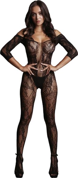 Lace Sleeved Bodystocking - Black - O/S — thumbnail 1