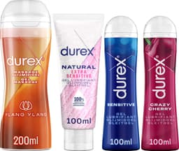 Durex - 4 Glijmiddelen - Voor Oral, Masturbation en Vaginal play - Waterbasis – Crazy Cherry 100ml - Massage 2in1 Ylang Ylang 200ml - Sensitive 100ml – Natural Extra Sensitive 100ml - Voordeelverpakking — thumbnail 1
