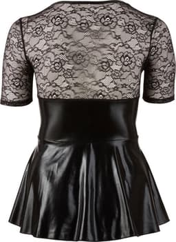 Cottelli Plus Size – Wetlook Mini Jurk met Rode Veters en Diepe Decolleté Kinky en Uitdagend – Maat 4XL – Zwart — thumbnail 5