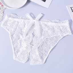 Sexy Slip met Kant - Open Kruis - Wit Kant - Erotisch Design met Bloemen en Strik - One Size String - Dames Onderbroek - Lingerie / Ondergoed — thumbnail 1