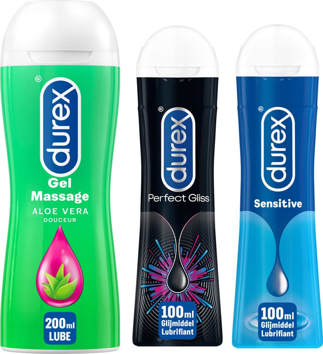 Durex - 3 Glijmiddelen - Play Massage 2/1 Aloe 200ML - Perfect Gel Gliss 100ML - Play Sensitive Gel 100ML — afbeelding 1