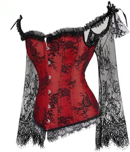 Corset Dames Rood Zwart Kant – Lange Mouwen Sexy — thumbnail 2