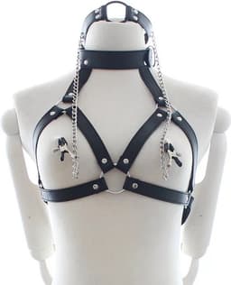 Nooitmeersaai - Harnas Vrouw - Leer - Halsband en Tepelklemmen - Zwart - BDSM - Bondage Harnas — thumbnail 1