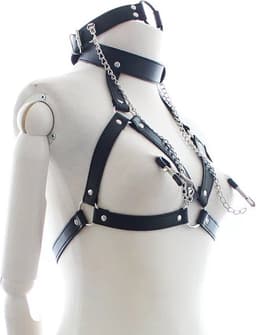 Nooitmeersaai - Harnas Vrouw - Leer - Halsband en Tepelklemmen - Zwart - BDSM - Bondage Harnas — thumbnail 2