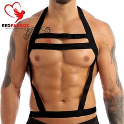 Triple BDSM harnas heren - Erotische harnas manen - Elastisch - One size - Schouder + Borst + Buik - Open crotch - Sexy — thumbnail 1