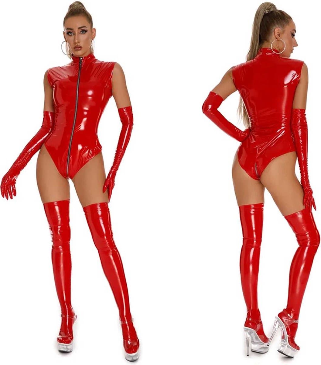 Latex wetlook bodysuit - Hold UP kousen - Handschoenen - Erotisch kostuum - Leder look - Bodystocking - 3-delig — afbeelding 1