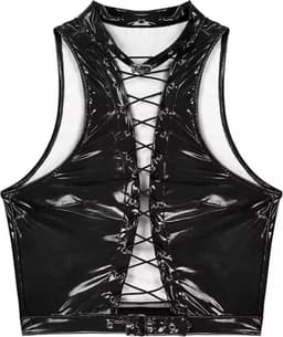 Erotische top open hollow out - PU Leder BDSM - Latex Wetlook kleren - Open borst met veters - Halsband sluiting - Sexy vrouwen kleding - RedParrot — thumbnail 4
