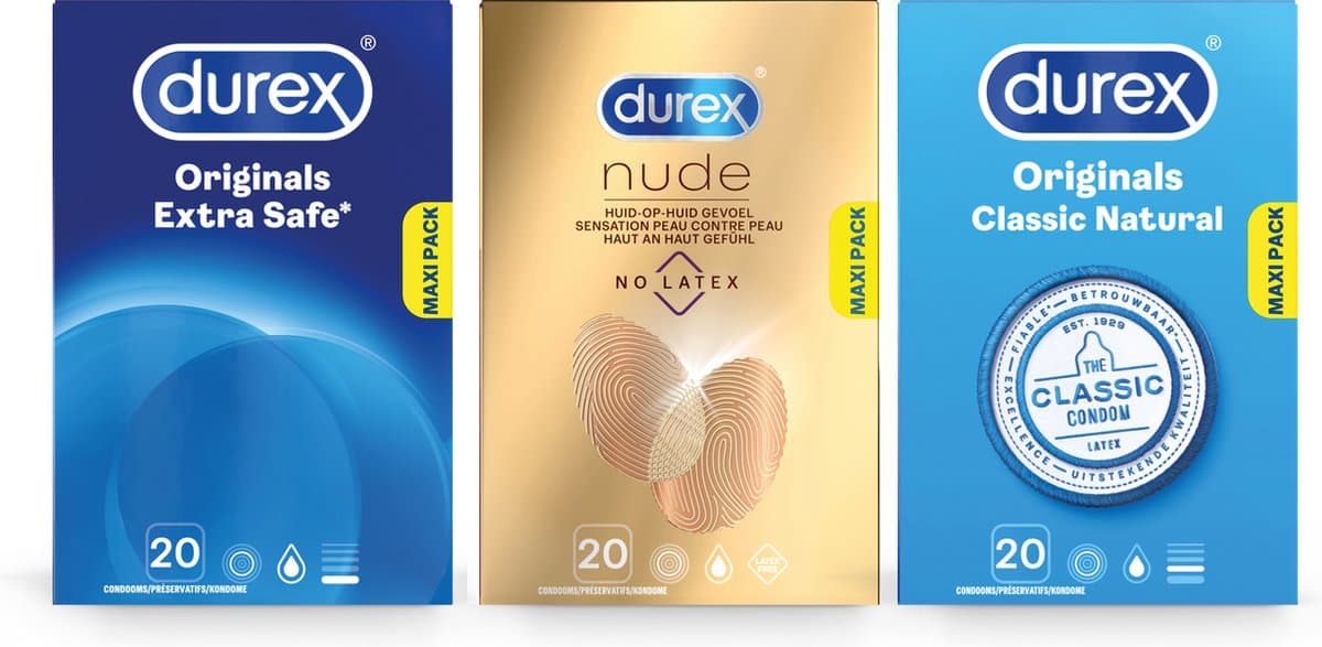 Durex - 60 stuks Condooms - Extra Safe 1x20 stuks - Nude No Latex 1x20 stuks - Classic Natural 1x20 stuks - Voordeelverpakking — afbeelding 1